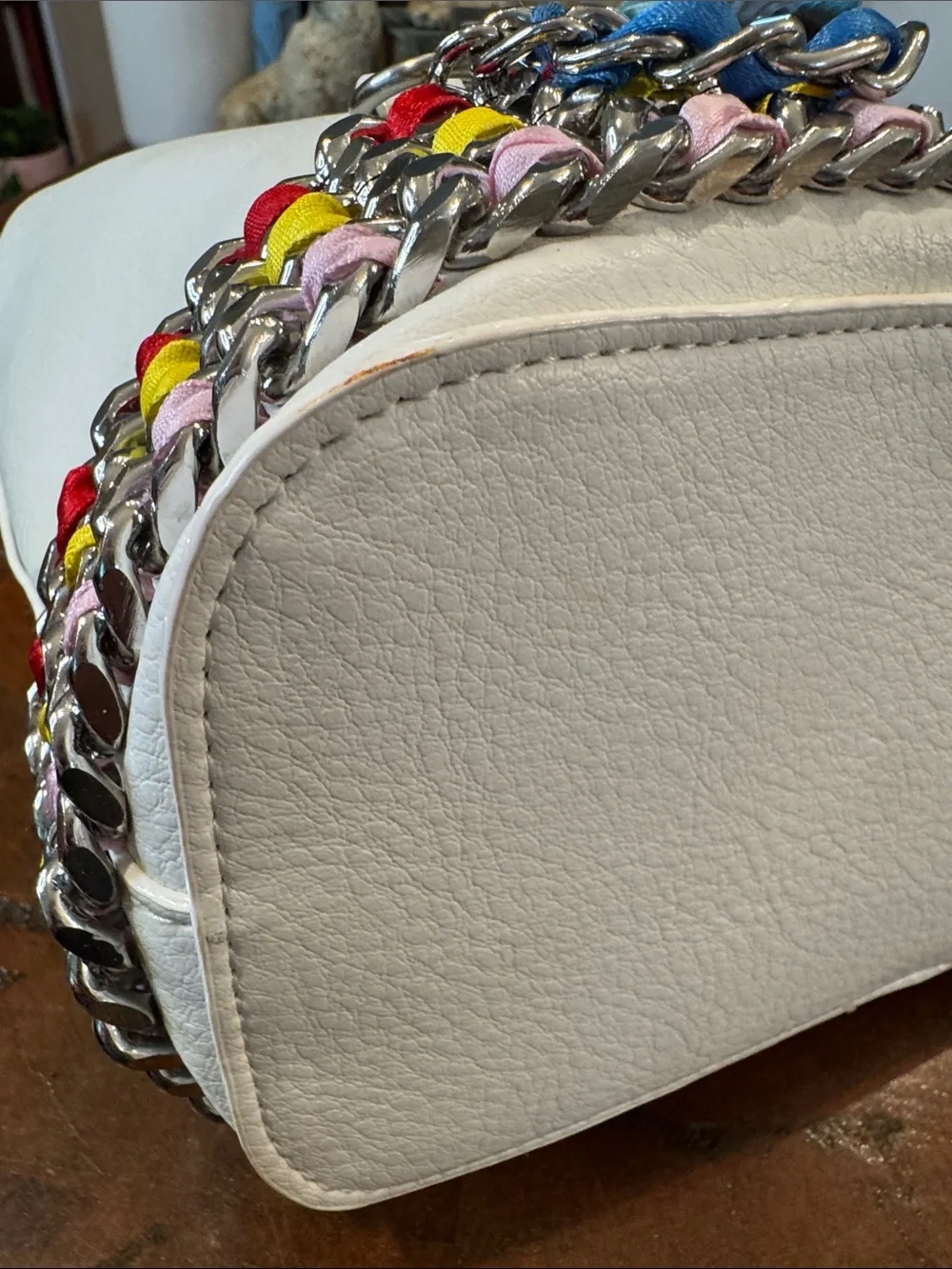 Betsey Johnson White Bucket Bag with Multicolor Chain Trim